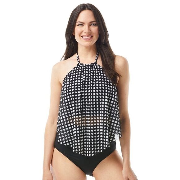 COCO REEF Riviera Dot Aura Mesh Ruffle Crop Tankini Swimsuit Bikini Black 34DD - Picture 4 of 15